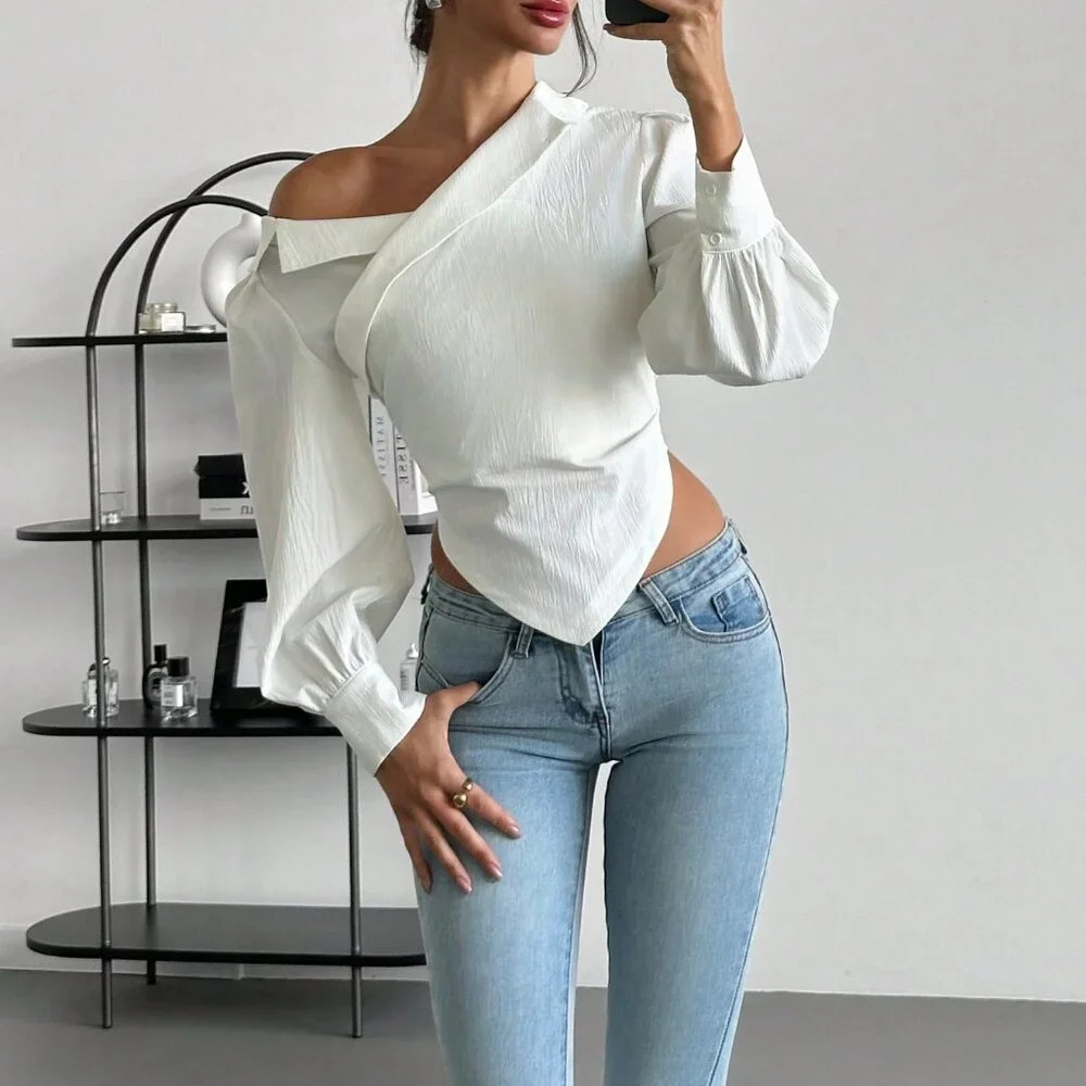 White Elegant Women's Asymmetrical Hem Long Sleeve top blouse - Picture 7 of 8